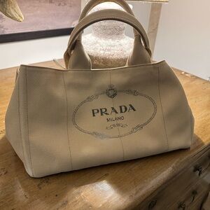 Prada Beige Canvas Tote with Printed Logo